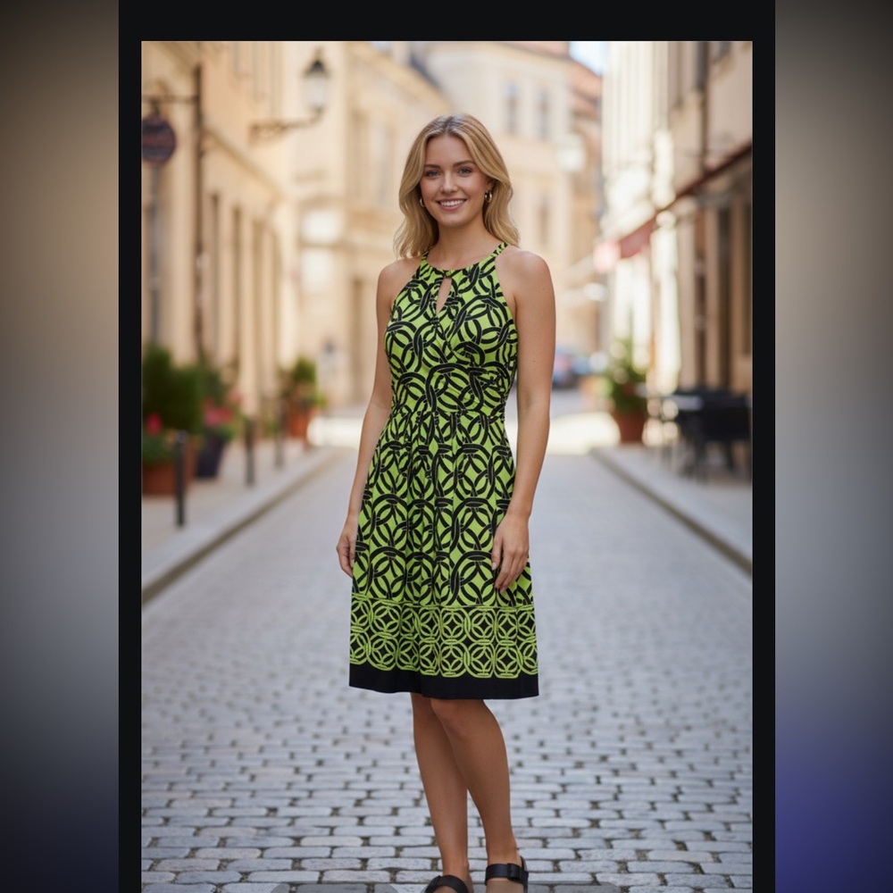 ENFOCUS STUDIO DRESS SLEEVELESS GREEN  & BLACK CHAIN PRINT Women’s Size 6